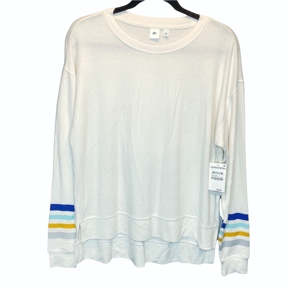 BP Nordstrom Sweater Egret Placed Stripe Ivory Crewneck Small NWT New - Picture 1 of 6